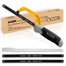 KATA Hacksaw, Compact Hand Operating Hack Saw with 10 Inch Aluminum Frame, 2 Piece Extra Flexible Bi-Metal HSS Blades and 1 Piece Woodworking Saw Blade, Suitable for Wood and Metal (Mini Hacksaw)