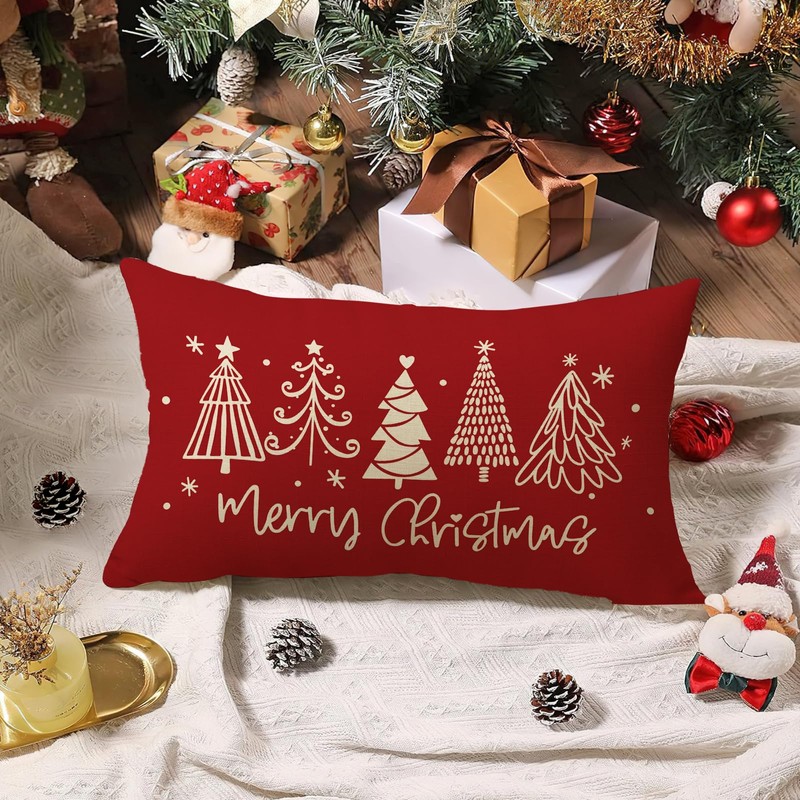 Fahrendom Merry Christmas Tree Red Lumbar Decorative Rectangle Pillow Cover