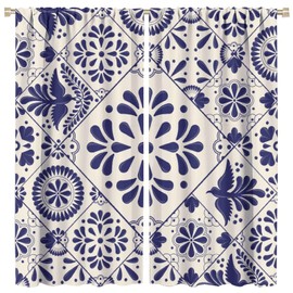 Traditional Mexican Curtains, Talavera Style Beige Mexican Floral Bird Print Blackout Window Treatments for Living Room Kitchen Bedroom 42x45 Inch