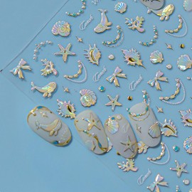 1 Sheets Summer Ocean Nail Decals for Nail Art Dolphin Conch Seashell Nail Stickers Bow Coral Starfish Nail Art Stickers Self-Adhesive Holographic Laser Beach Nail Supplies for Women Nails Decoration
