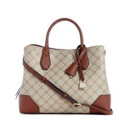 Nine West Brooklyn 3 Comp Satchel, Beige Logo/Mahogany, Medium