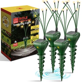 4 Packs Solar Mole Repellent with Garden Lights, Upgraded Gopher Deterrent for Lawns with USB Charging, Snake Vole Repeller Outdoor, Ultrasonic Pest Control for Snakes, Moles, Gophers, Groundhogs