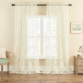 SEEKRIGHT Ivory Lace Curtains 63 Inch Length 2 Panels Victorian Floral Sheer Curtains for Living Room Bedroom Rod Pocket Light Filtering Cream French Window Curtains, 52x63