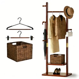 Solid Wood Coat Rack Freestanding, Heavy Duty Clothing Rack Stand, 2 Shelves 5 Hooks, Walnut Wood Clothes Rack for Entryway Bedroom,Living Room, Office Hotel (Bonus Hanger Pants Clip & Storage Basket)