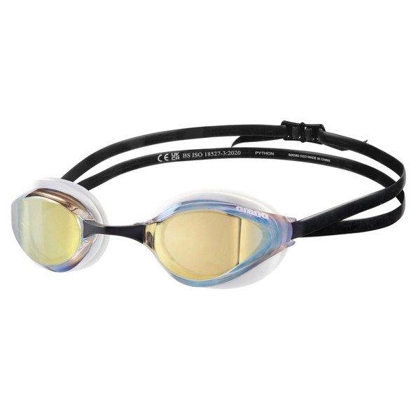 Arena Unisex Adults Python Racing Swim Goggles for Men and Women Anti-Fog Mirror Lens Max Comfort Dual Strap, Gold/White/Black