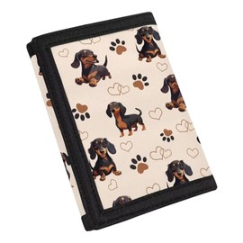 Tiasarato Dachshunds Kids Wallets for Girls Teens Hearts Dog Paw Print Card Holder Wallets with Magic Sticker Trifold Money Organizer