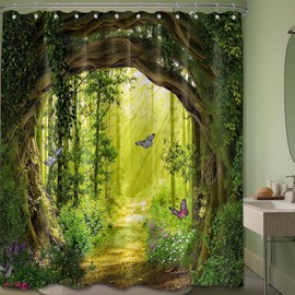 Sonbraux Forest Shower Curtains for Bathroom Green Nature 3D Garden Outdoor Wet Room Shower Curtain, Washable, Waterproof, Cloth Fabric, 180 x 180cm