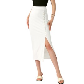 Allegra K Women's Pencil Skirt Basic Midi Casual Side Slit Rib Knit Bodycon Skirts, White
