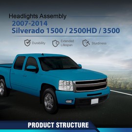 PIT66 Headlights AAssembly Compatible with Chevy Silverado 1500 2007 2008 2009 2010 2011 2012 2013 /Silverado 2500 3500 & HD 07-14 Halogen Head Lamp Replacement Chrome