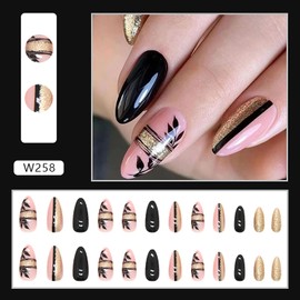 24PCS Full Cover Reusable Glossy False Nails Kits, Press on Nails Pointed Medium Length with French Line Leaf Designs Artificial Fingernails Acrylic Fake Nails for Women Glue on Nails Almond Shape