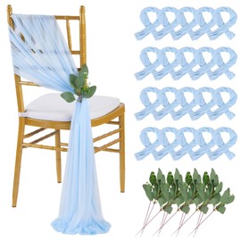 QueenDream Light Blue Chair Sashes Wedding Aisle Decorations: 16 Packs 8ft Long Draping Fabric Sheer Church Chair Cover Bulk for Baby Shower Party Banquet