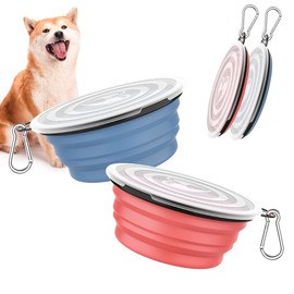 Pawaboo Collapsible Dog Bowls 2 Pack, Silicone Feeding Watering Bowls with Lids & Carabiners for Dogs Cats, Portable Water Feeder Food Bowl for Walking Traveling Home Use, 1000ml, Light Pink + Blue