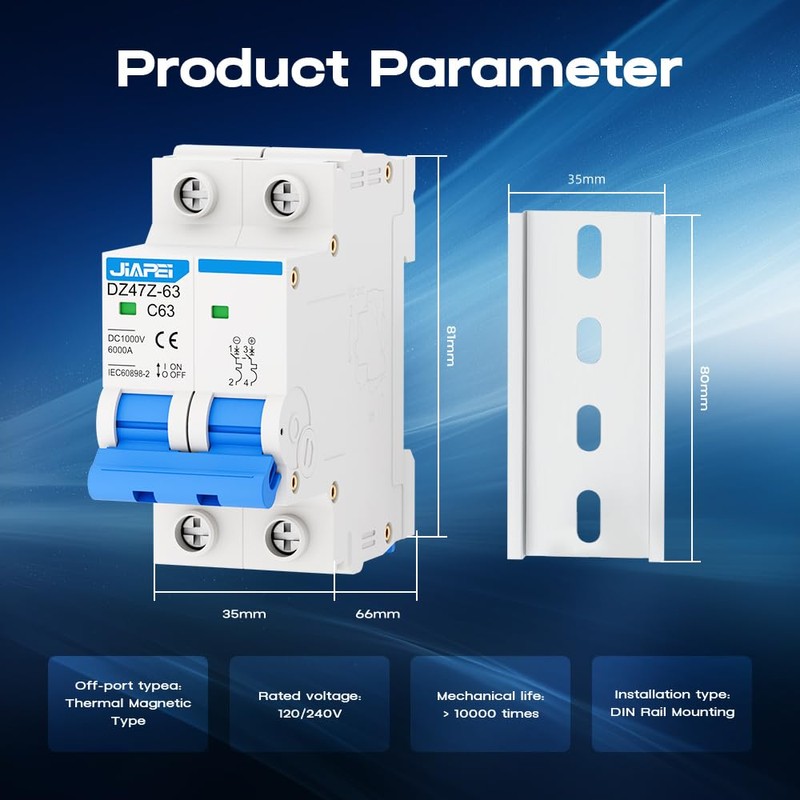 DC Miniature Circuit Breaker, 1000V 2 Pole 63 Amp Isolator