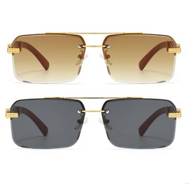 JOVAKIT Trendy Square Sunglasses for Men Women Semi Rimless Frame Shades 90s Vintage Retro Sun Glasses UV400 Protection (Gold/Gradient Brown+Gold/Grey)