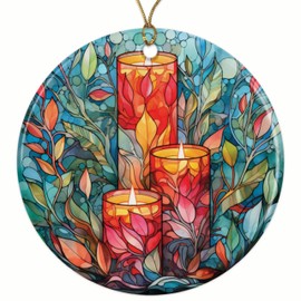 Holiday Candles Christmas Ornament - Festive Stained Glass Ornament - 2.8" Round - Premium Glossy Ceramic with UV Printed Design - Gold String Included - Perfect Holiday Décor - BMCO0045