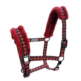 Equitem Full Horse Sized Jacquard Diamond Nylon Halter with Fleece Padded Nose and Crown and Black Trim and Black Coated Hardware (Red/Black)