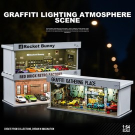 Shoucangjia Tomica Hot Wheels Matchbox Display Case, Diorama 1/64 Scale Car Garage with LED Light and Acrylic Cover, Stackable Toy Car Model Parking Storage ,82026Ajp