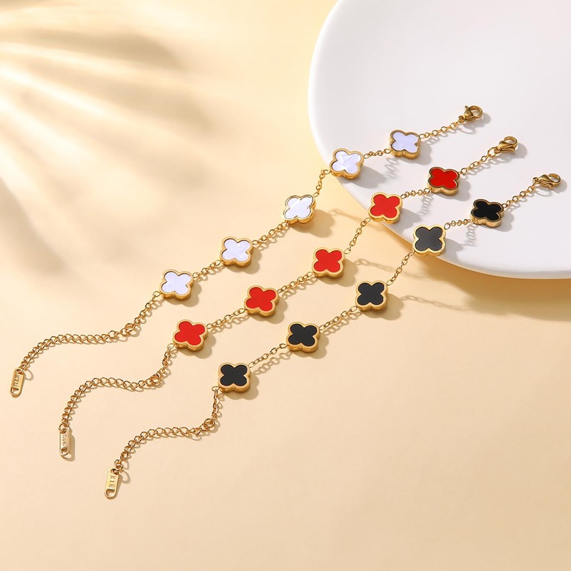 URSUNDAOP Gold Four Leaf Clover Bracelet for Women, Lucky Bracelet,Black