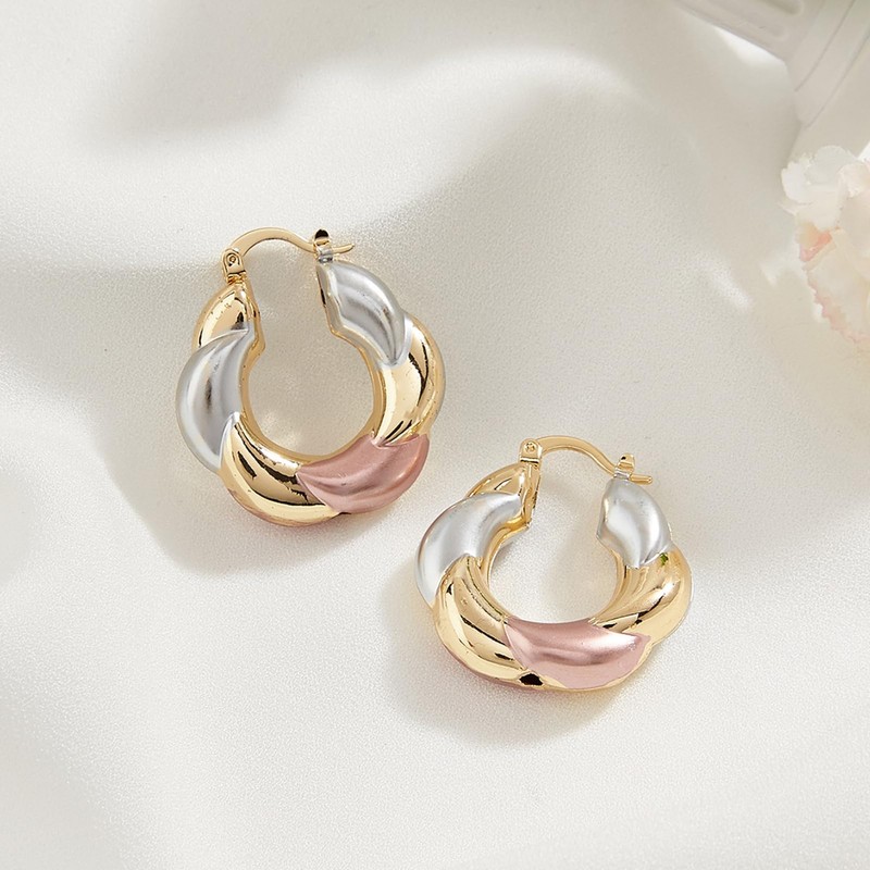Women's Tri Color Twisted Hoop Earrings - Gold Silver and