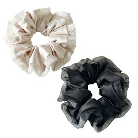 Large Satin Scrunchies with Pearl Organza Ruffle Edge, 5.9 Inch, 2 Pack, Elegant Korean Style Hair Ties for Thick Hair Buns for Wedding, Graduation, Party Outfits (Champagne + Black)