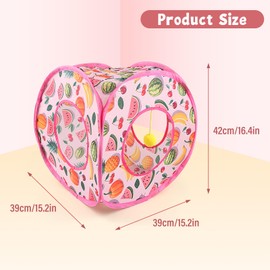 Andiker Small Cat Tents for Indoor Cats, Summer Fruit Patten 15" Foldable Cat Tube with 1 Plush Ball and 3 Holes Kitten Hide-and-Seek Toy to Relieve Boredom Also for Kitten Rabbits (Pink)