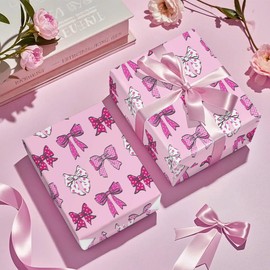 WRAPAHOLIC WRAPAHOLIC Pink Bow Wrapping Paper Roll - Mini Roll - 17 Inch x 16.5 Feet - Pretty Pink Bow Design Perfect for Valentine's Day, Girls Birthday, Baby Shower
