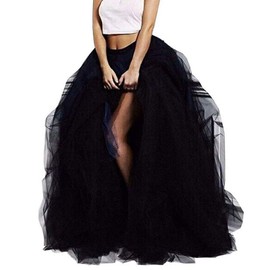 Women Tulle Tutu Long Skirt Maxi Tulle Floor Length Layered High Waist Skirt Wedding Night Out Party A-Line Puffy Skirt (Black)
