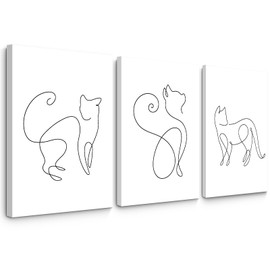 Black and White Cat Canvas Wall Art Cat Line Art Prints Minimalist Cat Silhouettes Picture Cat Artwork for Walls Cat Abstract Painting for Bathroom Laundry Bedroom Decor 12x16 Inch Framed