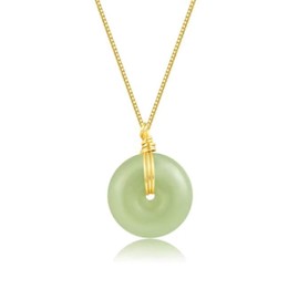 LOOYUUPEE Natural Hetian Jade Pendant Safe Buckle Necklace, Real Green Donuts Jade Charm Pendant Adjustable Choker Necklaces for Mom Lover Her (925 Sterling Silver with Gold Plated)