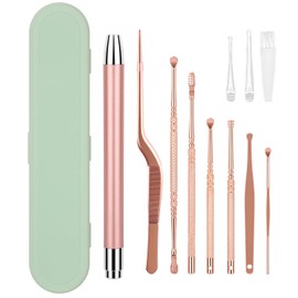 9PCS Ear Pick Earwax Removal Kit with Light，Ear Cleansing Tool Set for Kids and Adults, Ear Picks Digger & Tweezers & Spiral Spring Ear Spoon& Cleaning Brush Set with Storage Box(Green）