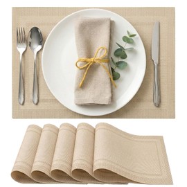 Placemats Set of 6, 30x45cm PVC Table Mats, Heat Resistant Placemat Square Non Slip Wipeable Washable for Home and Restaurant Use Kitchen Dining Table(Beige)