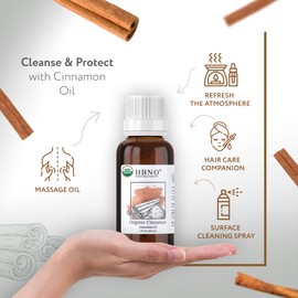 HBNO Organic Cinnamon Leaf Essential Oil - 1 oz (30ml) Travel Size - USDA Certified Organic Cinnamon Essential Oil, Perfect for Aromatherapy, Soap Making, DIY, Fragrances, Diffuser.
