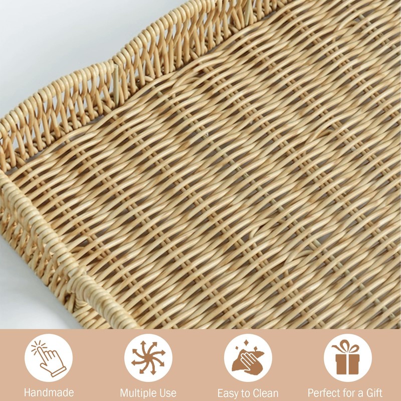 Serving Tray with Scalloped Edge, Rectangular Wicker Tray with Handles,