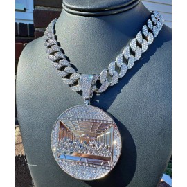 ICEDTAG Men XL Last Supper Iced Pendant Cuban Necklace Chain Gold Plated CZ Jewelry Out - White Gold, SET(20" Chain & Pendant)