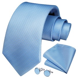 HISDERN Blue Ties for Men Plaid Mens Ties Silk Necktie with Pocket Square Cufflinks Set Bright Baby Blue Gingham Formal Business Wedding Party Tie
