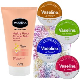 Lip Balm Bundle with Lip Therapy 4 x 20g (Original, Rosy Lips, Cocoa Butter, Aloe) Lip Balm Set and 1 x Hand Cream 75g with Glameno Drawstring Organza Bag