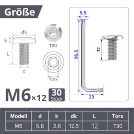 Dayalo Pack of 30 M6 x 12 mm Flat Head Screws Torx Screws Stainless Steel A2 V2A Threaded Screws Fully Threaded with Torx Key