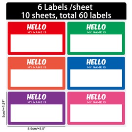 HYBSK Hello My Name is Stickers 2"x 3.5" Name Tag 6 Colors Identification Labels for Office Meeting School (10 Sheets,60pcs)