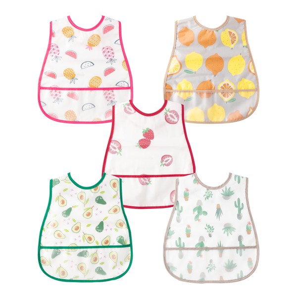 R HORSE 5Pcs Baby Bibs Set Cotton Toddler Bibs with Crumb Catcher Pocket & Snaps Baby Feeding Bibs Waterproof Food Bibs Infant Feeding Bibs with Fruit Pattern for Infants Babies Toddler 6-36 Months