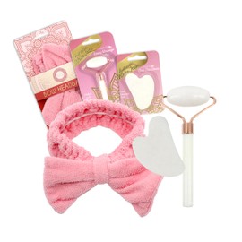 Earth & I White Jade Facial Tools with Fuzzy Headband, Gua Sha, Jade Roller for Face, Soft Headband, Lymphatic Drainage Massager Face, Guasha, Face Roller, 3 Piece Set