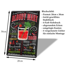 Bloody Mary Cocktail Recipe Tin Sign - Retro Decorative Sign - Metal Sign for Decoration of Kitchen Beach Bar Pub Cellar Bar Lounge Pub - Instructions for Mixing Cocktail Long Drink - 20 x 30 cm
