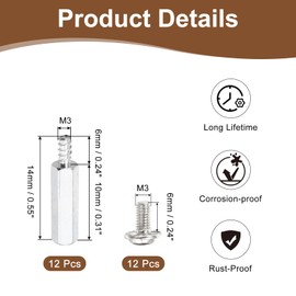 PATIKIL 12 Set M3 Hex Spacer Brass M3x8mm+6mm Bolt Male to Female Motherboard Spacer Standoffs Pillars Silver Grey with Screw