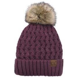C.C Beanie Women’s Thick Cable Knit Faux Fuzzy Fur Pom Lattice Crossover Fleece Lined Skull Cap (Coco Berry)