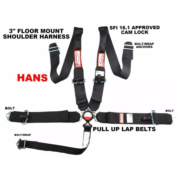 RACERDIRECT.NET BLACK FLOOR MOUNT RACE HARNESS 5 POINT PULL UP