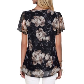 ACDAY Ladies Chiffon Blouse Dressy Summer Tops for Women UK Tunic Tops Casual Short Sleeve Double Layers Mesh Shirts Womens Going Out Tops Ladies Floral Blouse Womens