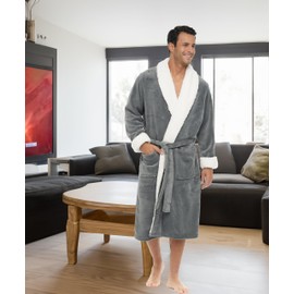 Alexander Del Rossa Men's Plush Sherpa Robe, Warm Bathrobe with Pockets Steel Gray with Cream Medium (A0261STLMD)