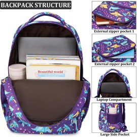 JIANYA Kids Backpacks for School Girls School Bag Kindergarten Emelentary Girls School Backpack with Lunch Box, Dinosaur Purple