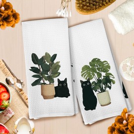 Zeuiwr Black Cat Botanical Kitchen Towels Set of 4, Sage Green Farmhouse Plant Decorative Hand Towel for Bathroom, Black Cat Mom Lovers Gifts Dish Tea Towels for Kitchen Decor, 16x24 Inch
