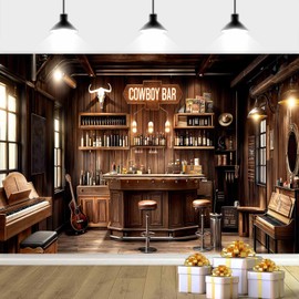 7X5ft Cowboy Bar Backdrop Western Cowboy Bar Birthday Backdrop, Wild West Wooden House Bars Photography Background Birthday Party Background Photo Studio Props, Brown-2
