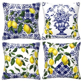 Shimmerz Pack of 4 Lemon Summer Throw Cushion Covers, 45 cm x 45 cm, Fresh Yellow Lemons Summer Cushion Covers, Suitable for Sofa, Living Room, Sofa, Bed (Blue)